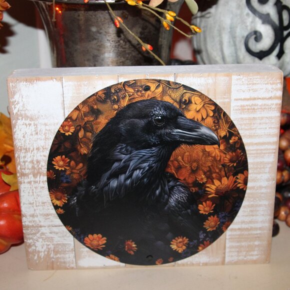 NEW Distressed Raven Crow Black Bird Farmhouse Fall Wall Decor Pallet Box Sign - Picture 1 of 3